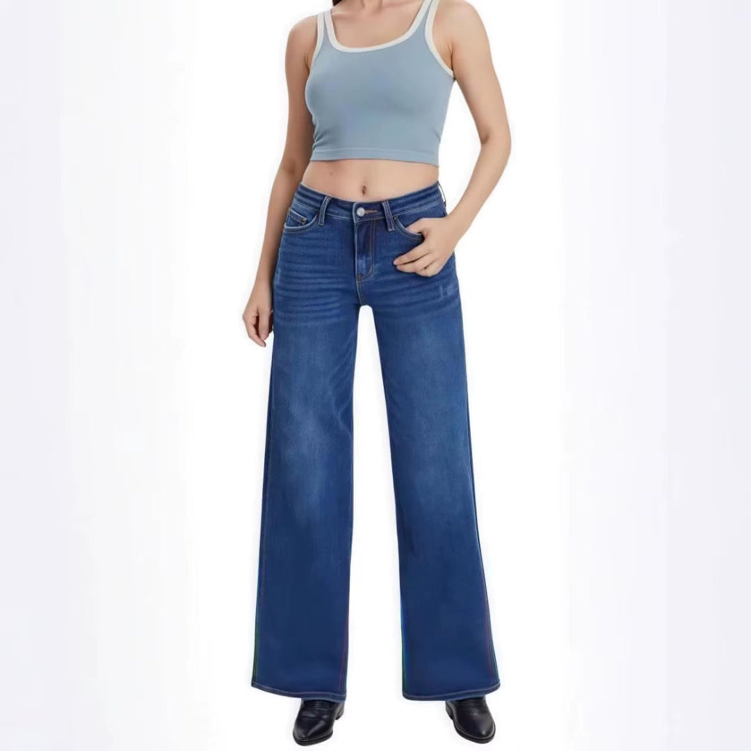 2025 New Wide Leg Elastic Jeans Women'S Loose Fit Straight Cut Denim Mid Waist Hip Lifting Narrow Version Street Style